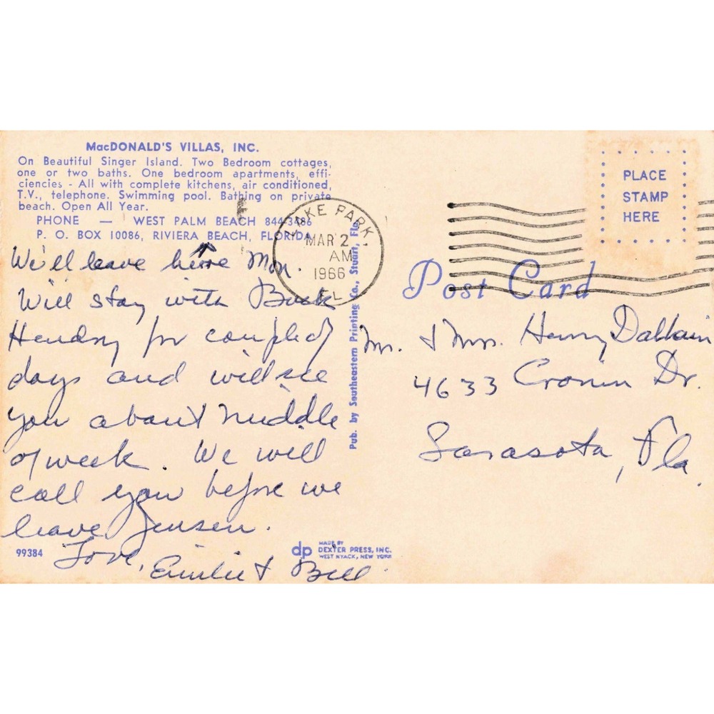 Vintage MacDonalds Villas Singer Island Riviera Beach Florida Postcard 1966 VG - Picture 2 of 2